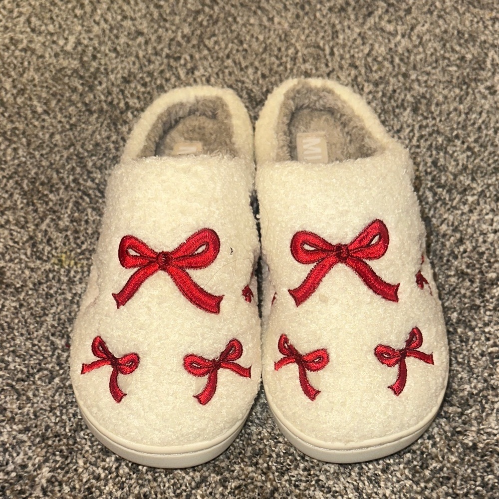 MIA Cream Cozy Slip-Ons with Red Bow Embroidery